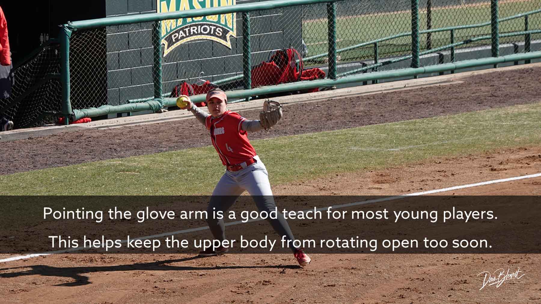 glove arm in the softball throw